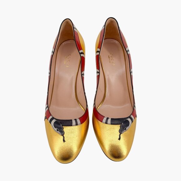 Gucci Yoko Snake Gold Metallic Leather Pumps High Heels Shoes Size 38.5 US 8.5 - Picture 2 of 16